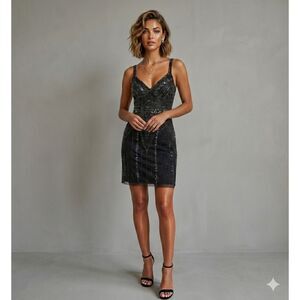 Marina Black Silver Sequin Mini Dress Y2K Beaded Cocktail Party Homecoming Size2